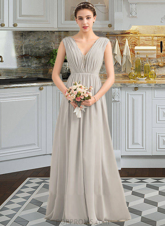 Yoselin A-Line V-neck Floor-Length Chiffon Lace Bridesmaid Dress With Ruffle PP6P0013238