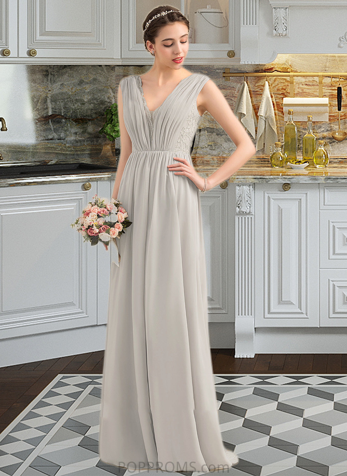 Yoselin A-Line V-neck Floor-Length Chiffon Lace Bridesmaid Dress With Ruffle PP6P0013238