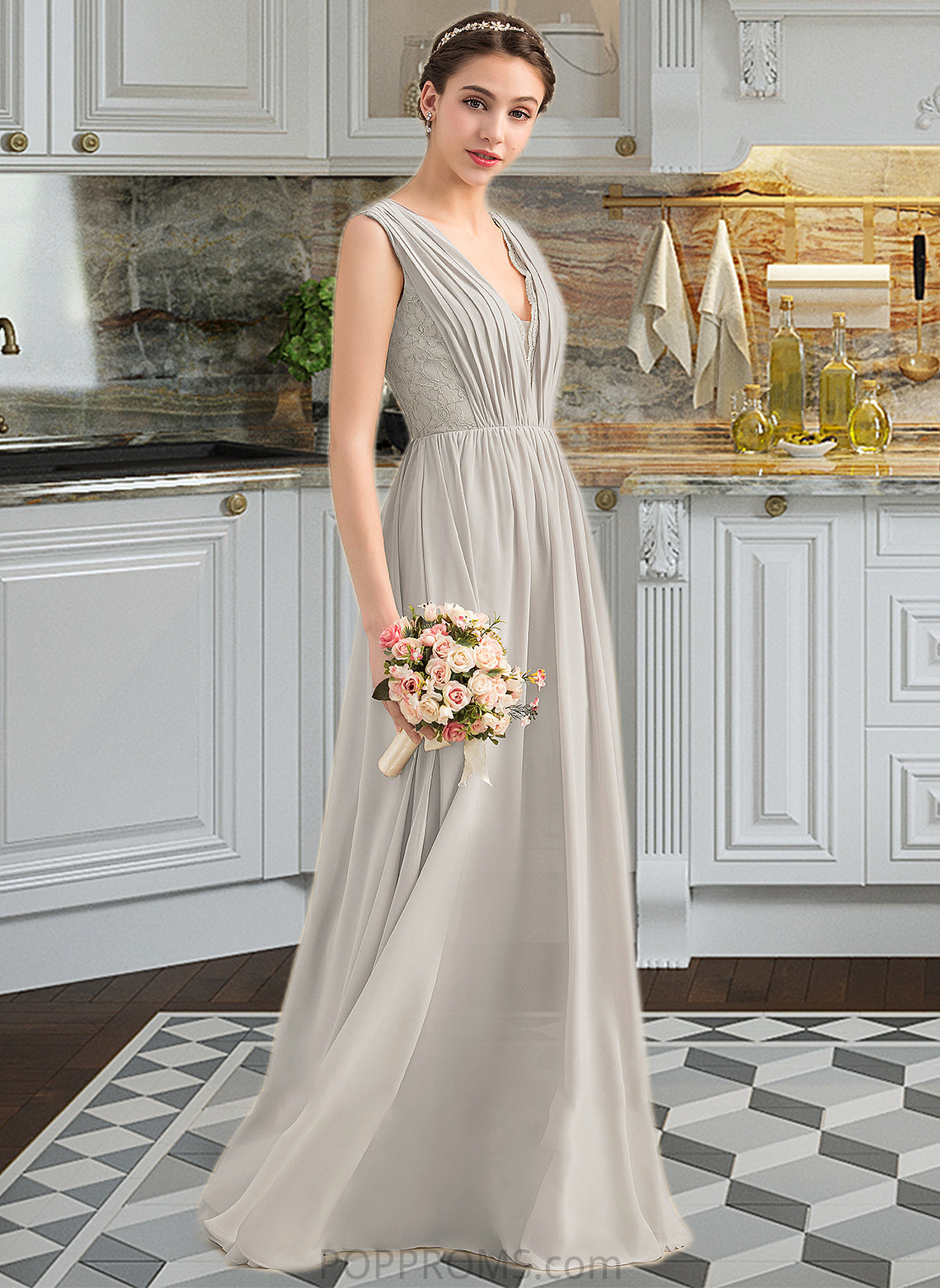 Yoselin A-Line V-neck Floor-Length Chiffon Lace Bridesmaid Dress With Ruffle PP6P0013238