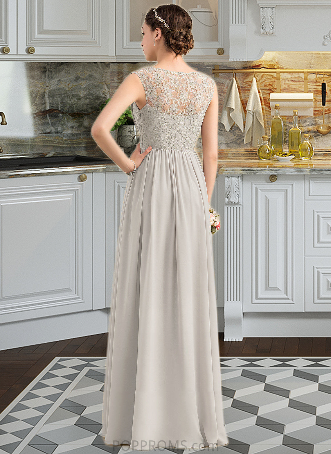 Yoselin A-Line V-neck Floor-Length Chiffon Lace Bridesmaid Dress With Ruffle PP6P0013238