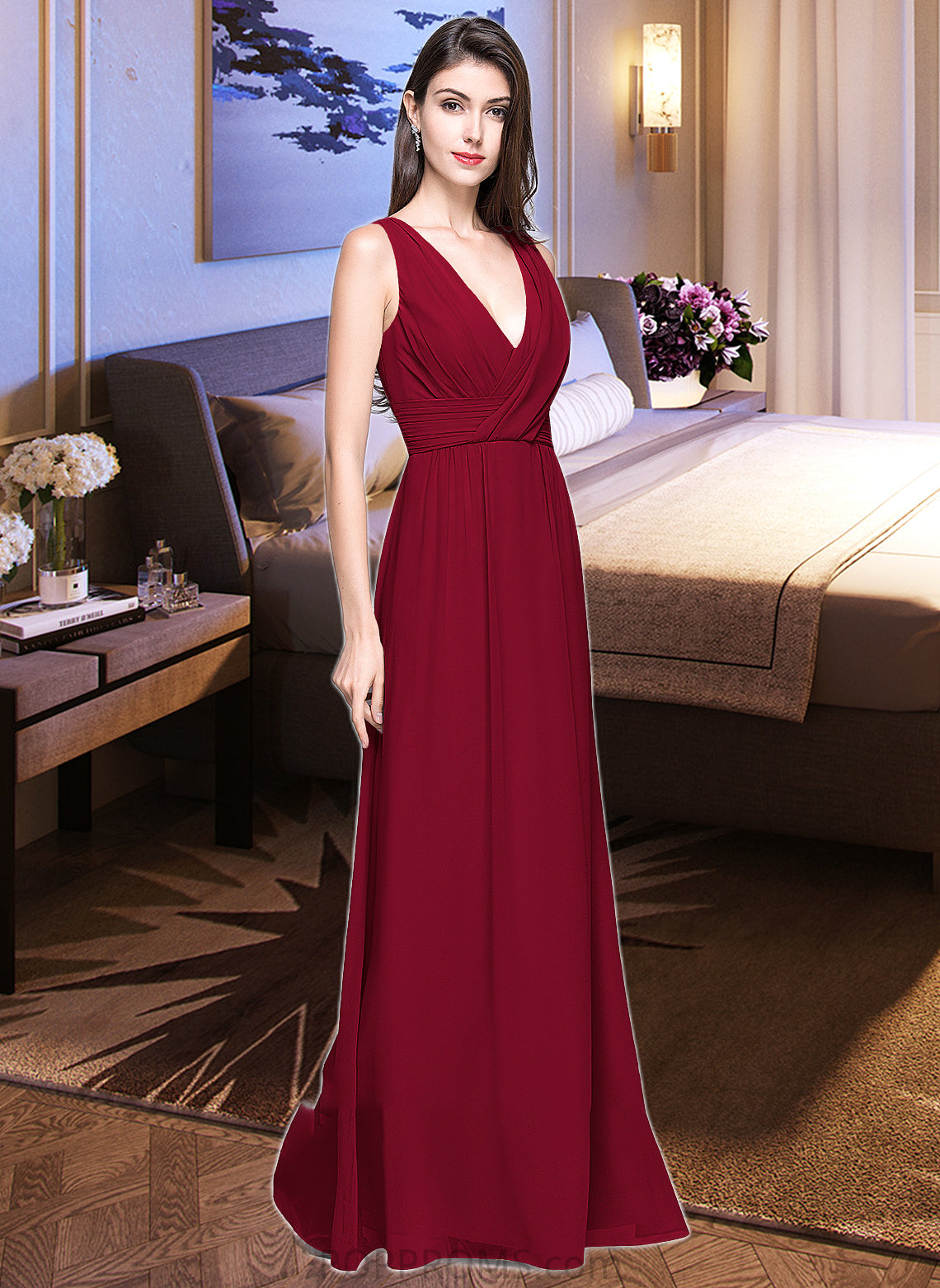 Zoie A-line V-Neck Floor-Length Chiffon Bridesmaid Dress With Ruffle PP6P0013240