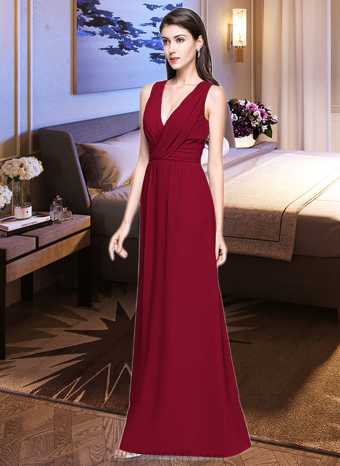 Zoie A-line V-Neck Floor-Length Chiffon Bridesmaid Dress With Ruffle PP6P0013240