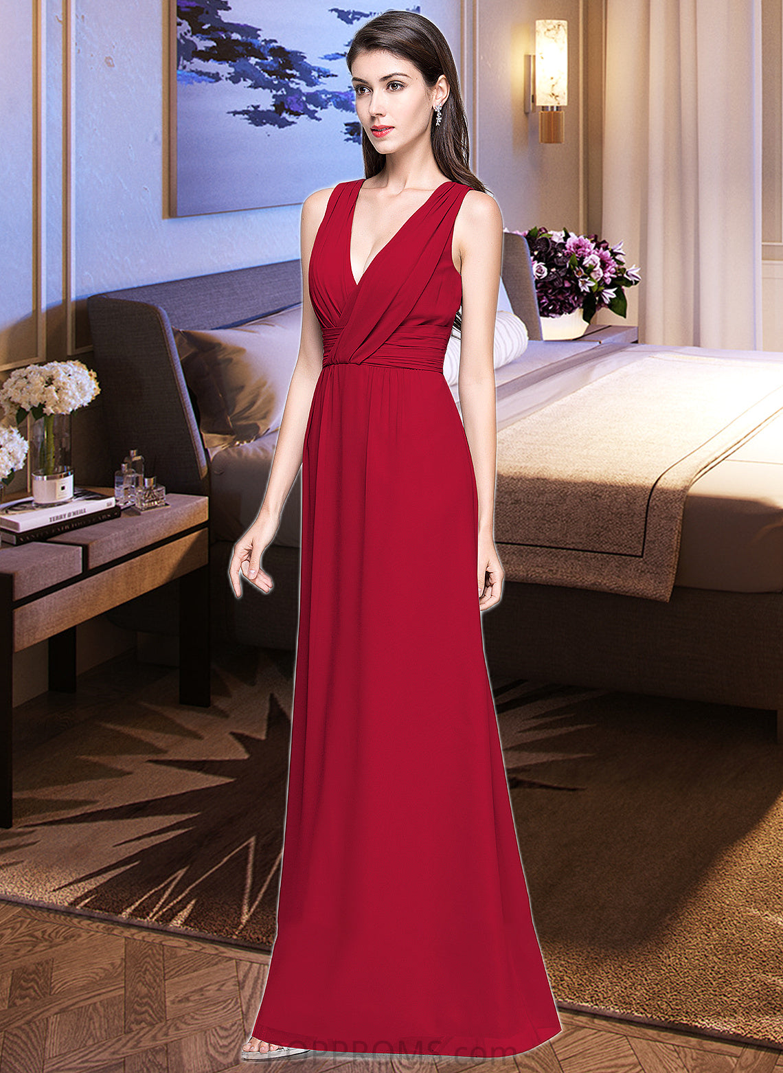 Zoie A-line V-Neck Floor-Length Chiffon Bridesmaid Dress With Ruffle PP6P0013240