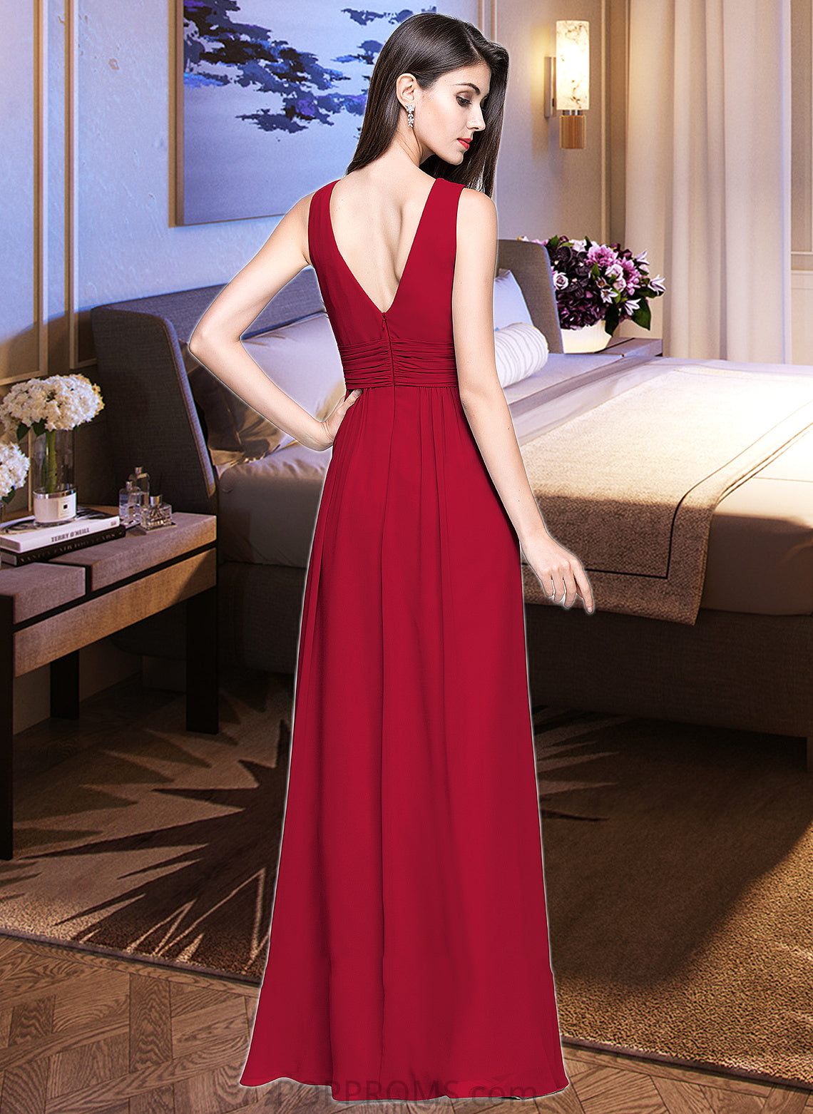 Zoie A-line V-Neck Floor-Length Chiffon Bridesmaid Dress With Ruffle PP6P0013240