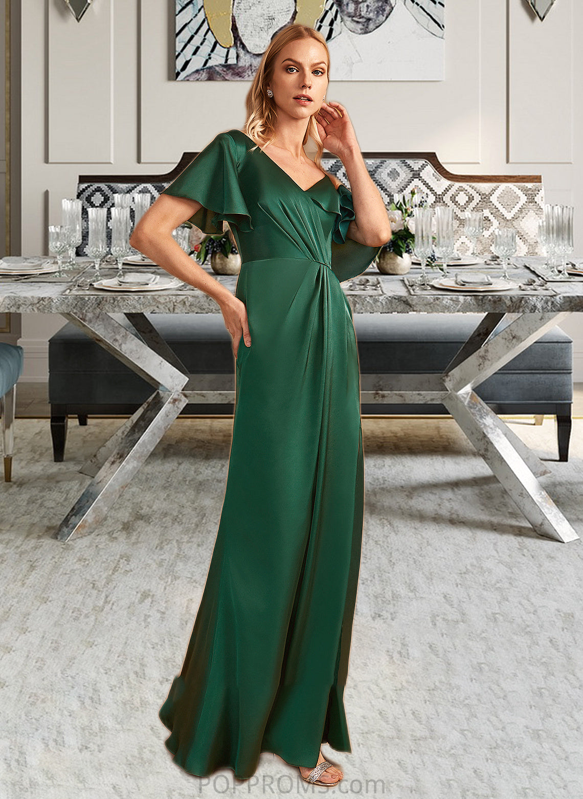 Nancy Sheath/Column V-neck Floor-Length Bridesmaid Dress With Split Front PP6P0013241