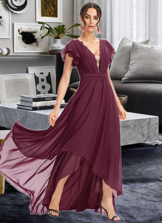 Salome A-Line V-neck Asymmetrical Bridesmaid Dress With Lace Cascading Ruffles PP6P0013243