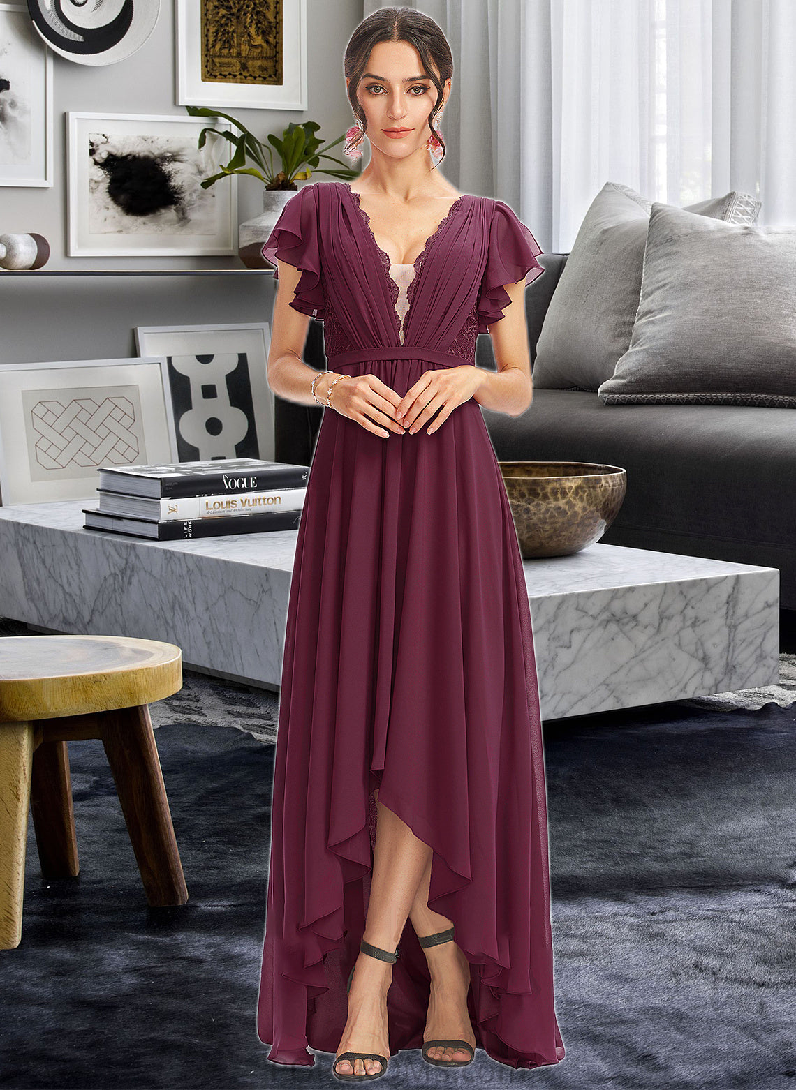 Salome A-Line V-neck Asymmetrical Bridesmaid Dress With Lace Cascading Ruffles PP6P0013243