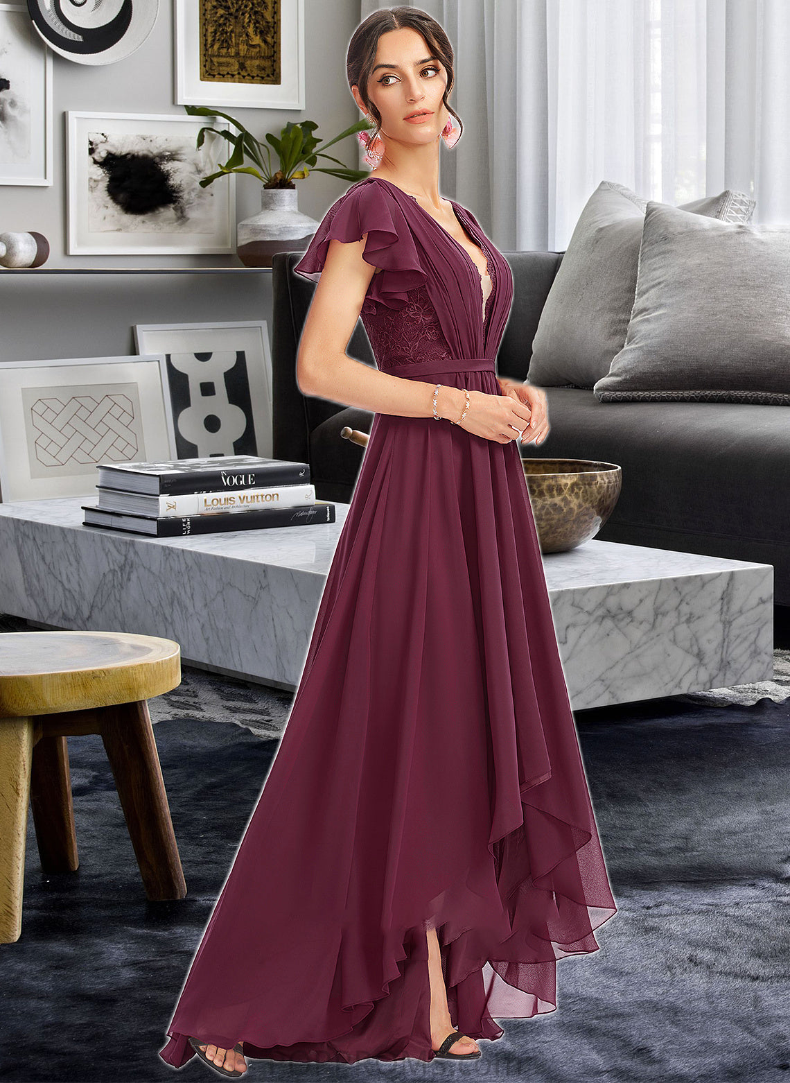 Salome A-Line V-neck Asymmetrical Bridesmaid Dress With Lace Cascading Ruffles PP6P0013243