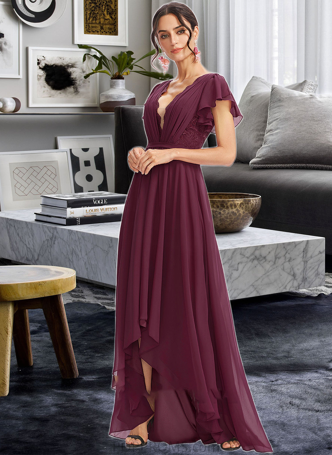 Salome A-Line V-neck Asymmetrical Bridesmaid Dress With Lace Cascading Ruffles PP6P0013243