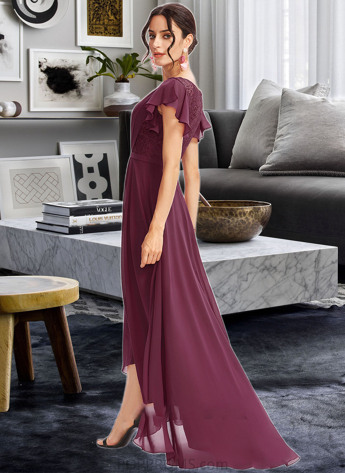 Salome A-Line V-neck Asymmetrical Bridesmaid Dress With Lace Cascading Ruffles PP6P0013243