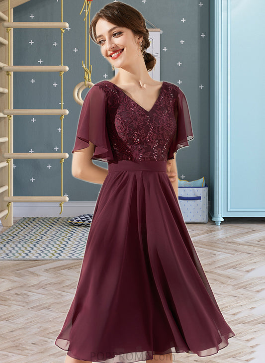 Kylee A-Line V-neck Knee-Length Chiffon Lace Bridesmaid Dress With Sequins PP6P0013246