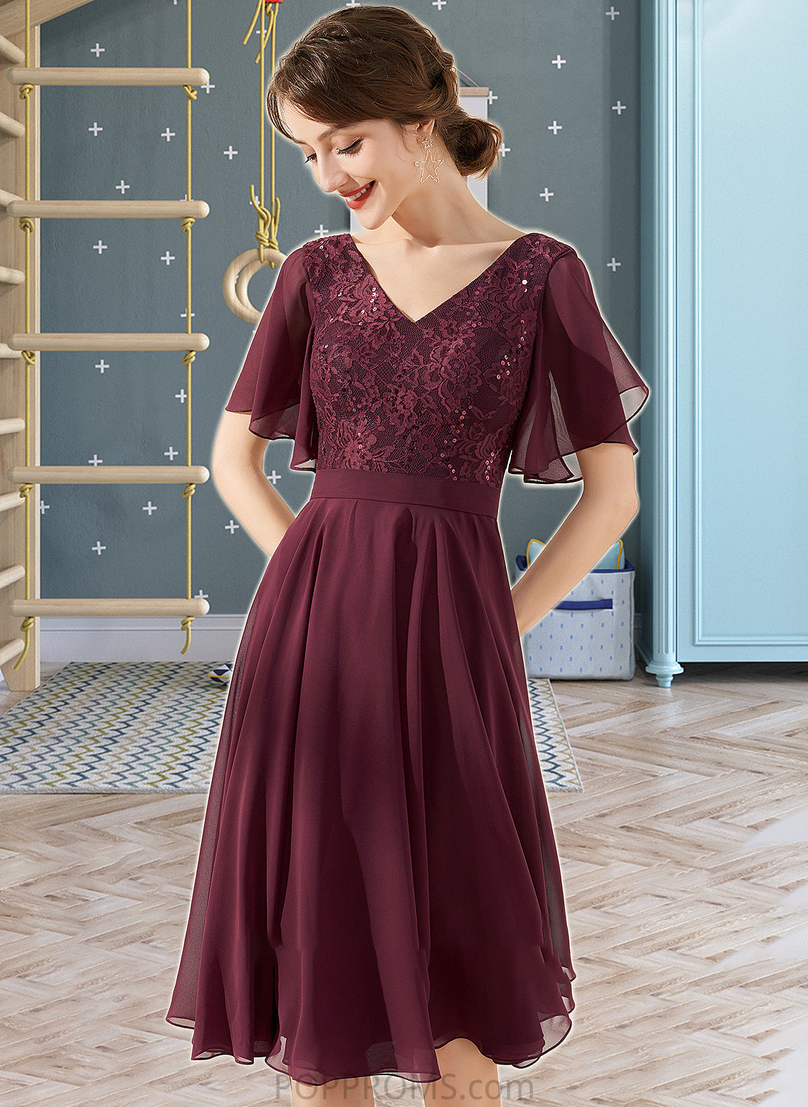 Kylee A-Line V-neck Knee-Length Chiffon Lace Bridesmaid Dress With Sequins PP6P0013246