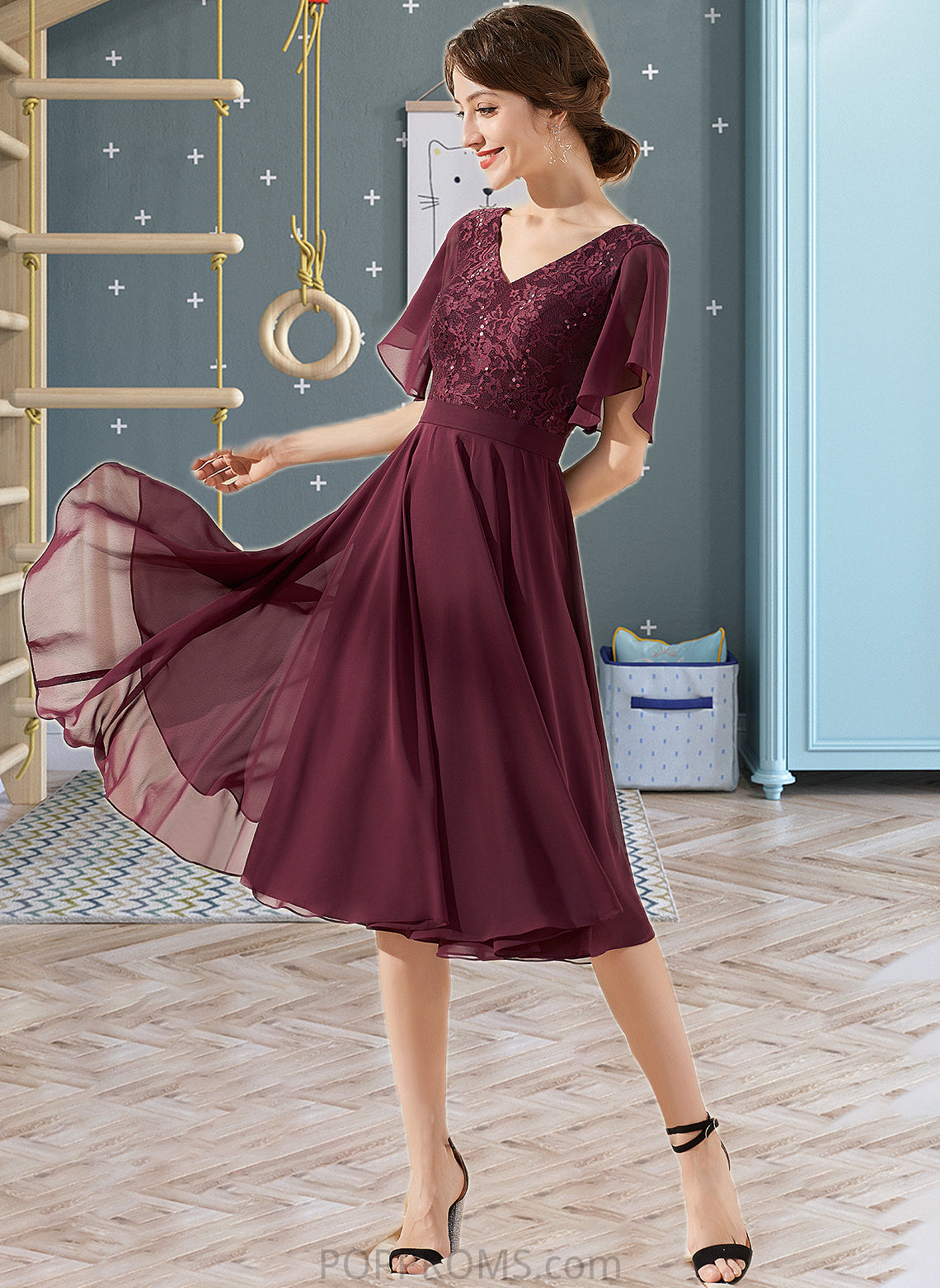 Kylee A-Line V-neck Knee-Length Chiffon Lace Bridesmaid Dress With Sequins PP6P0013246