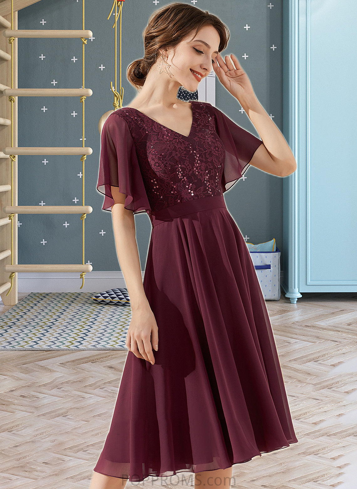 Kylee A-Line V-neck Knee-Length Chiffon Lace Bridesmaid Dress With Sequins PP6P0013246