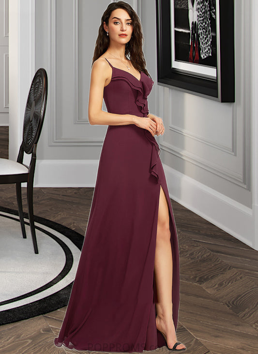 Baylee Sheath/Column V-neck Floor-Length Bridesmaid Dress With Ruffle Split Front PP6P0013247