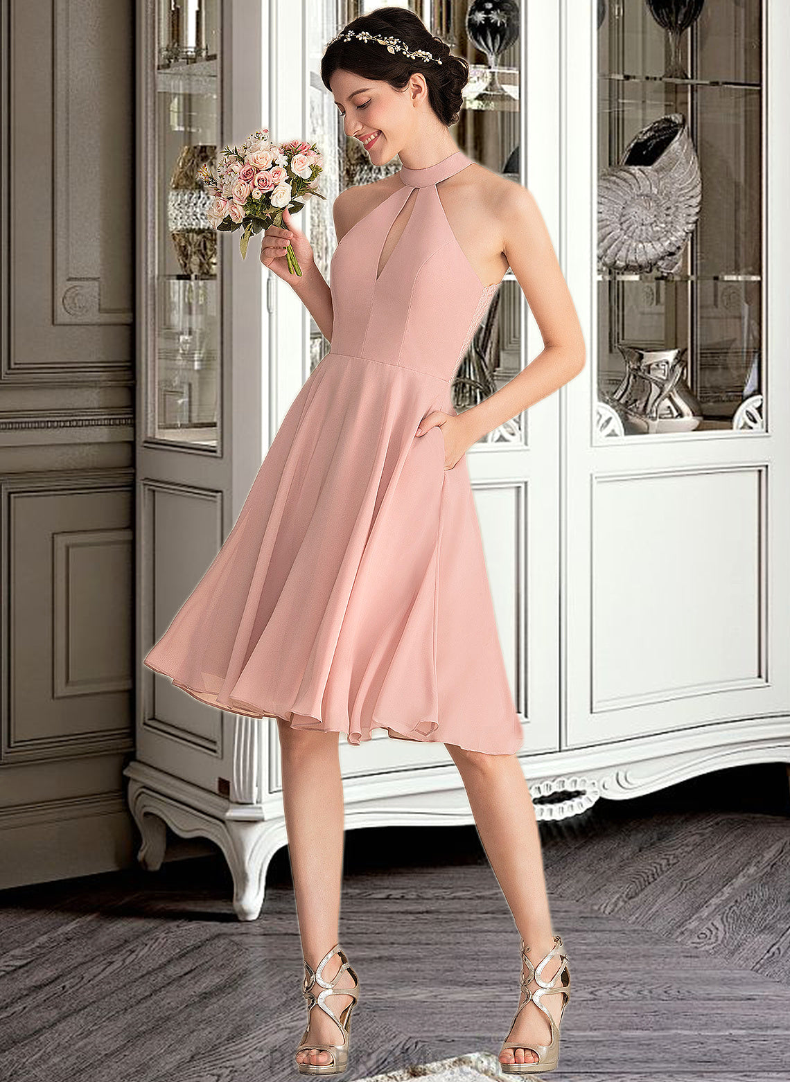 Pam A-Line Scoop Neck Knee-Length Chiffon Bridesmaid Dress With Lace Pockets PP6P0013249