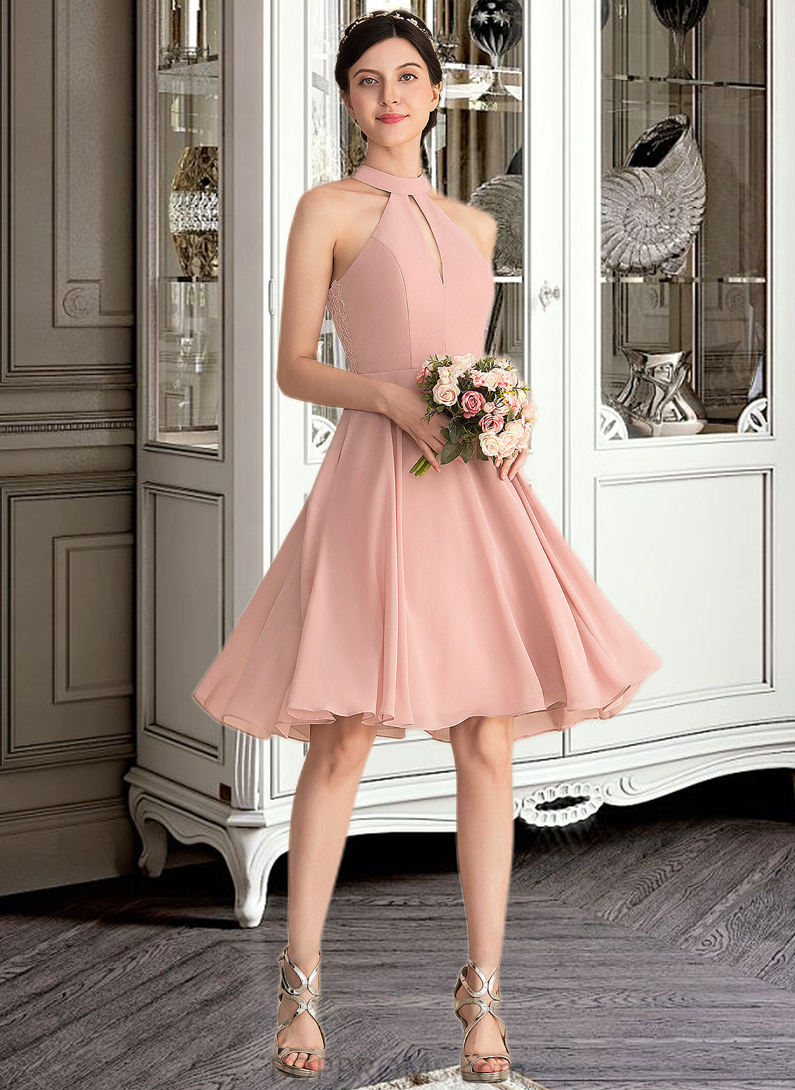 Pam A-Line Scoop Neck Knee-Length Chiffon Bridesmaid Dress With Lace Pockets PP6P0013249