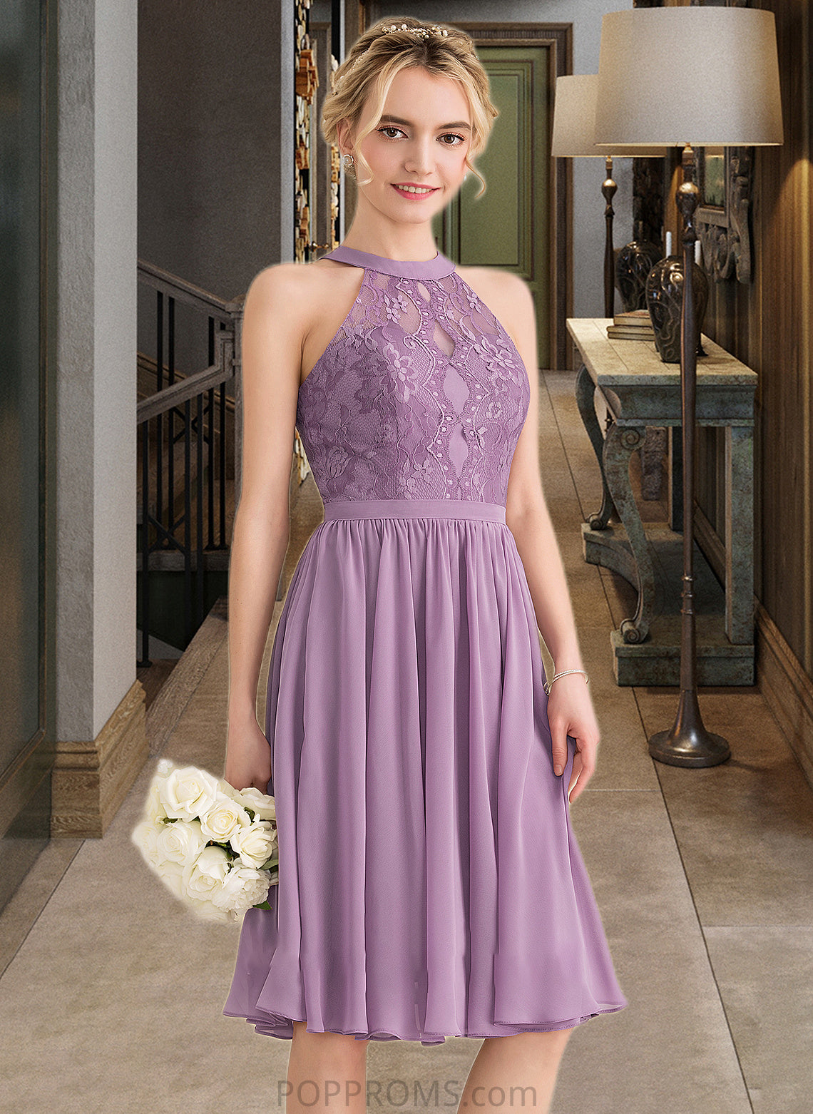 Kamila A-Line Scoop Neck Knee-Length Chiffon Lace Bridesmaid Dress PP6P0013250