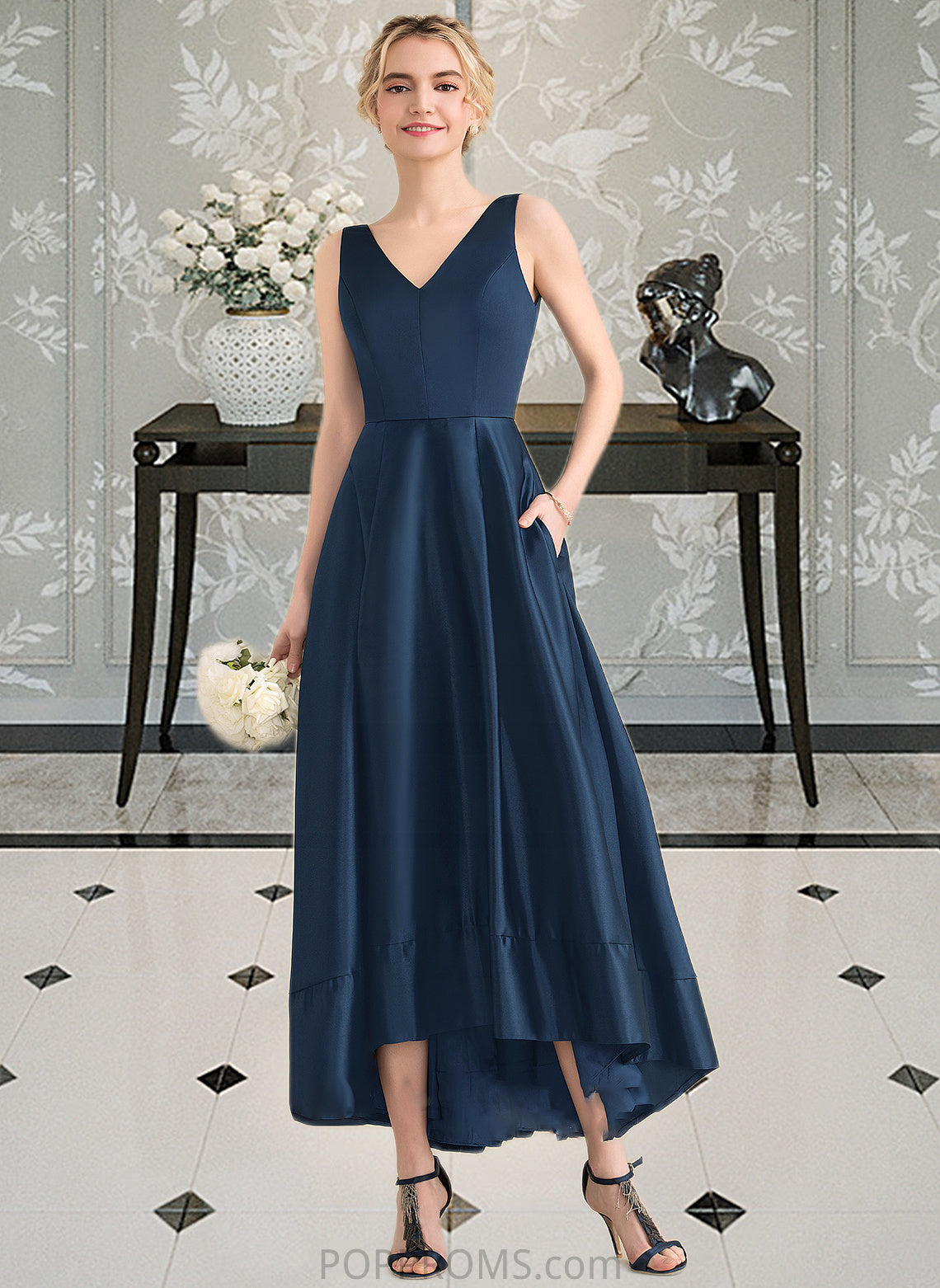 Mariela Ball-Gown/Princess V-neck Asymmetrical Satin Bridesmaid Dress With Pockets PP6P0013251