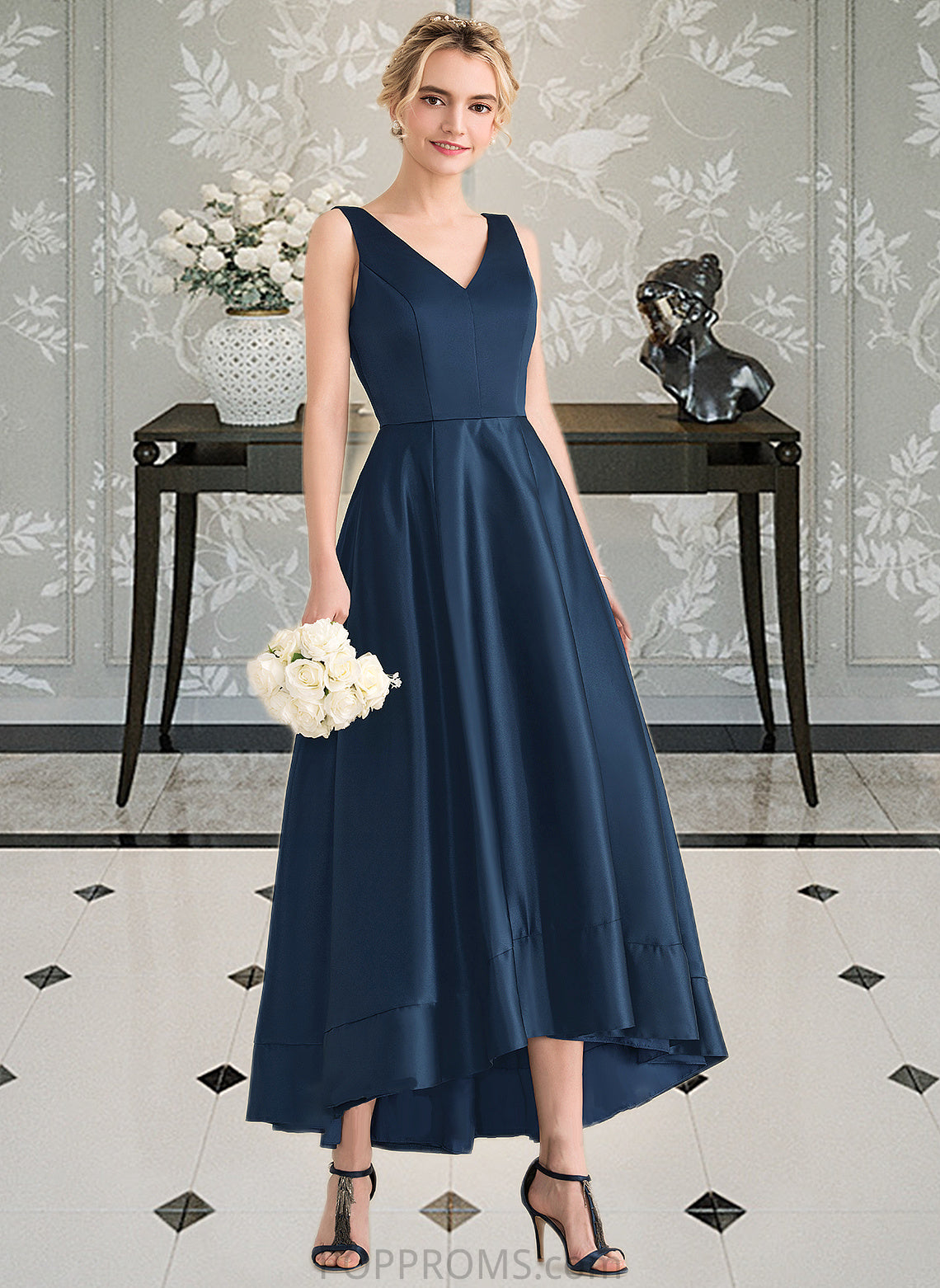 Mariela Ball-Gown/Princess V-neck Asymmetrical Satin Bridesmaid Dress With Pockets PP6P0013251