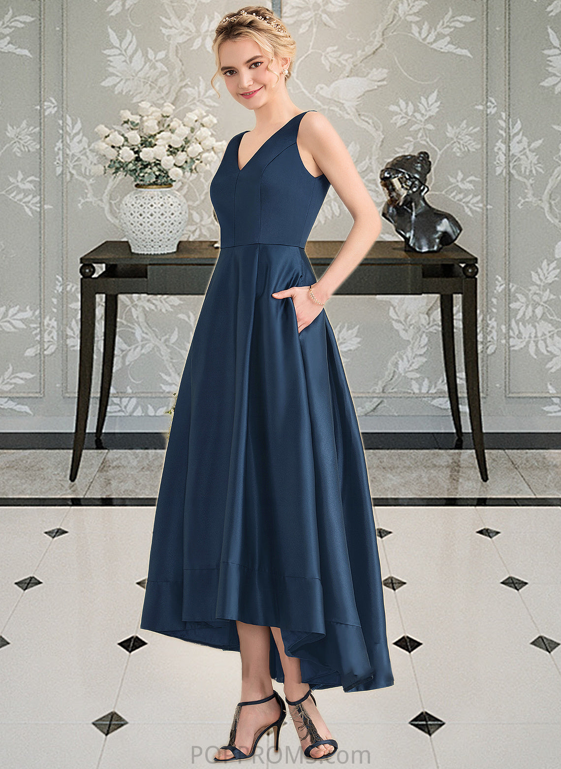 Mariela Ball-Gown/Princess V-neck Asymmetrical Satin Bridesmaid Dress With Pockets PP6P0013251