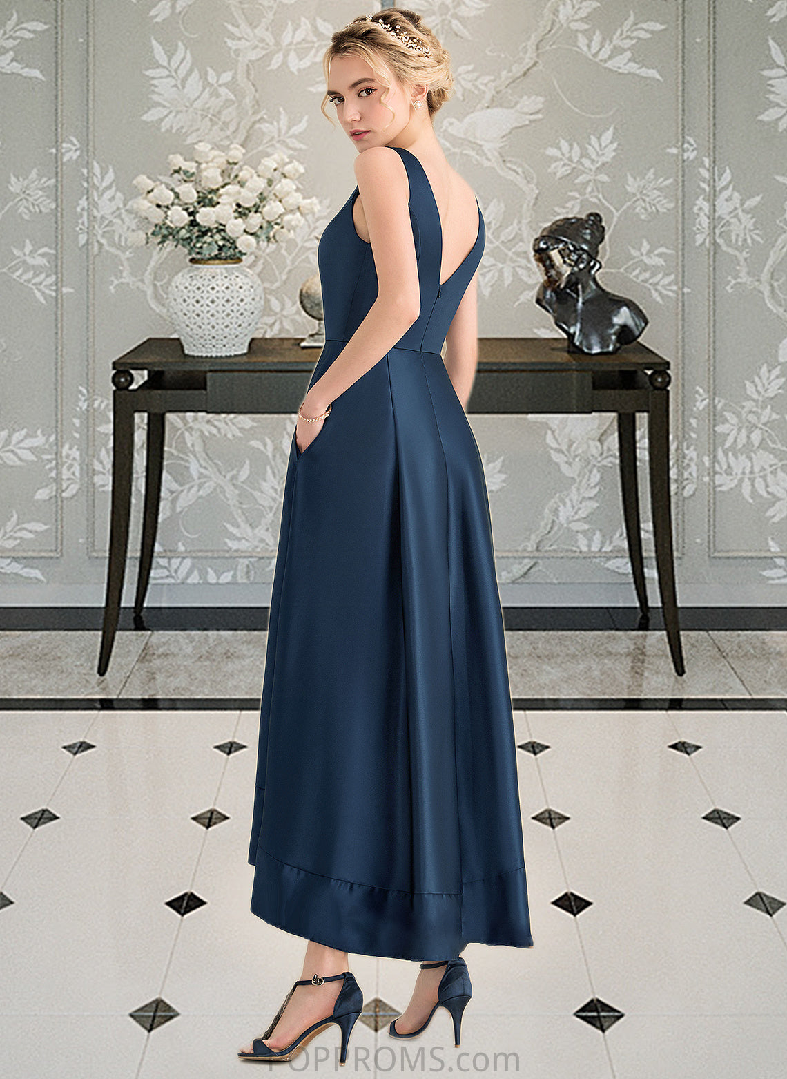 Mariela Ball-Gown/Princess V-neck Asymmetrical Satin Bridesmaid Dress With Pockets PP6P0013251