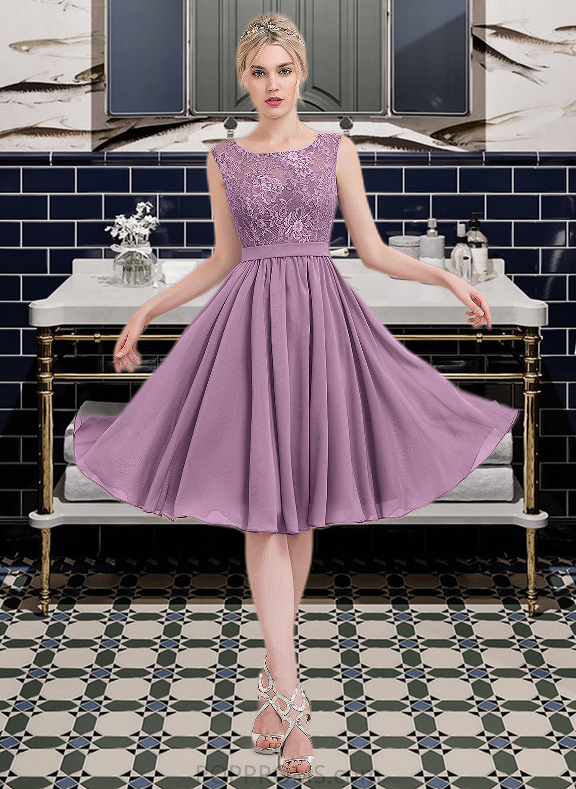 Martina A-Line Square Neckline Knee-Length Chiffon Lace Bridesmaid Dress PP6P0013252