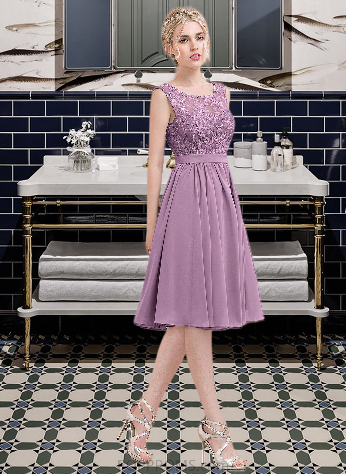 Martina A-Line Square Neckline Knee-Length Chiffon Lace Bridesmaid Dress PP6P0013252