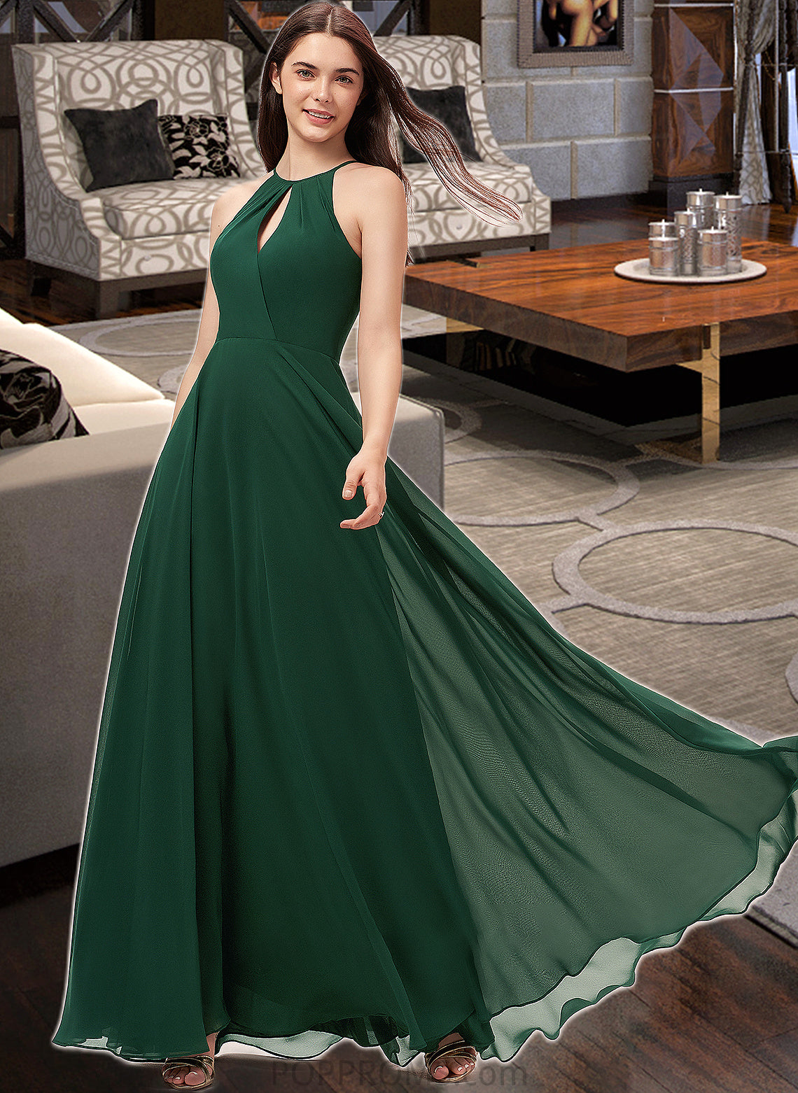 Adelyn A-Line Scoop Neck Floor-Length Chiffon Bridesmaid Dress PP6P0013257