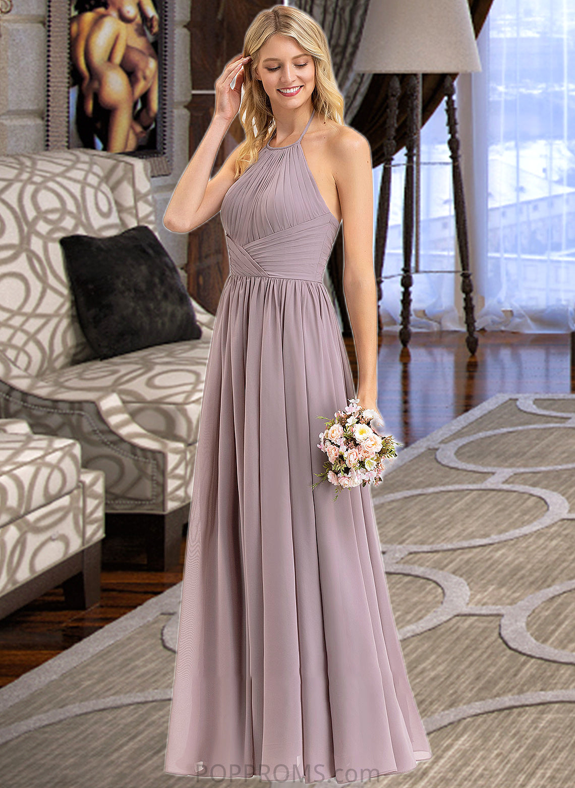 Wendy Empire Halter Floor-Length Chiffon Bridesmaid Dress With Ruffle Bow(s) PP6P0013258