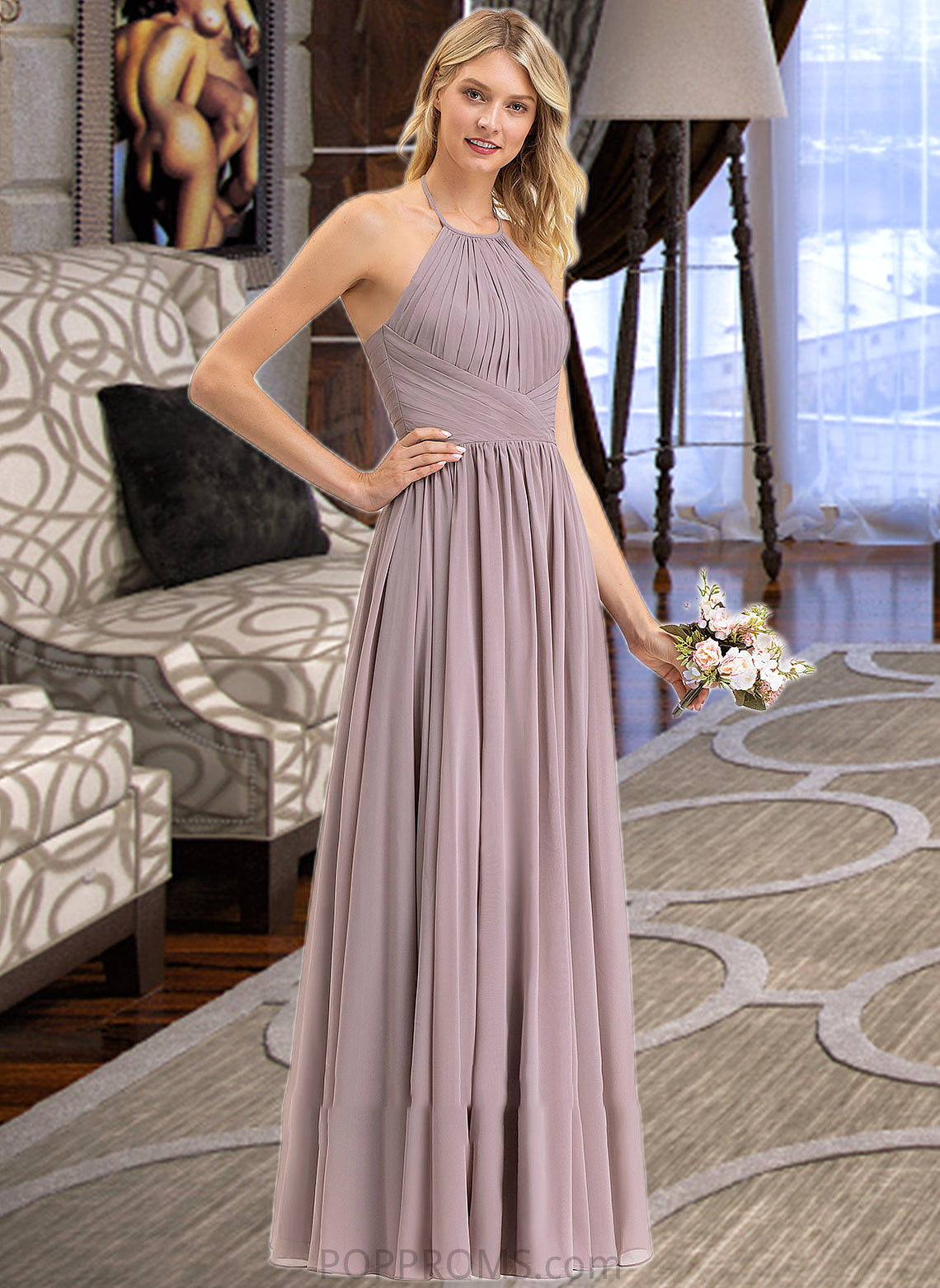 Wendy Empire Halter Floor-Length Chiffon Bridesmaid Dress With Ruffle Bow(s) PP6P0013258