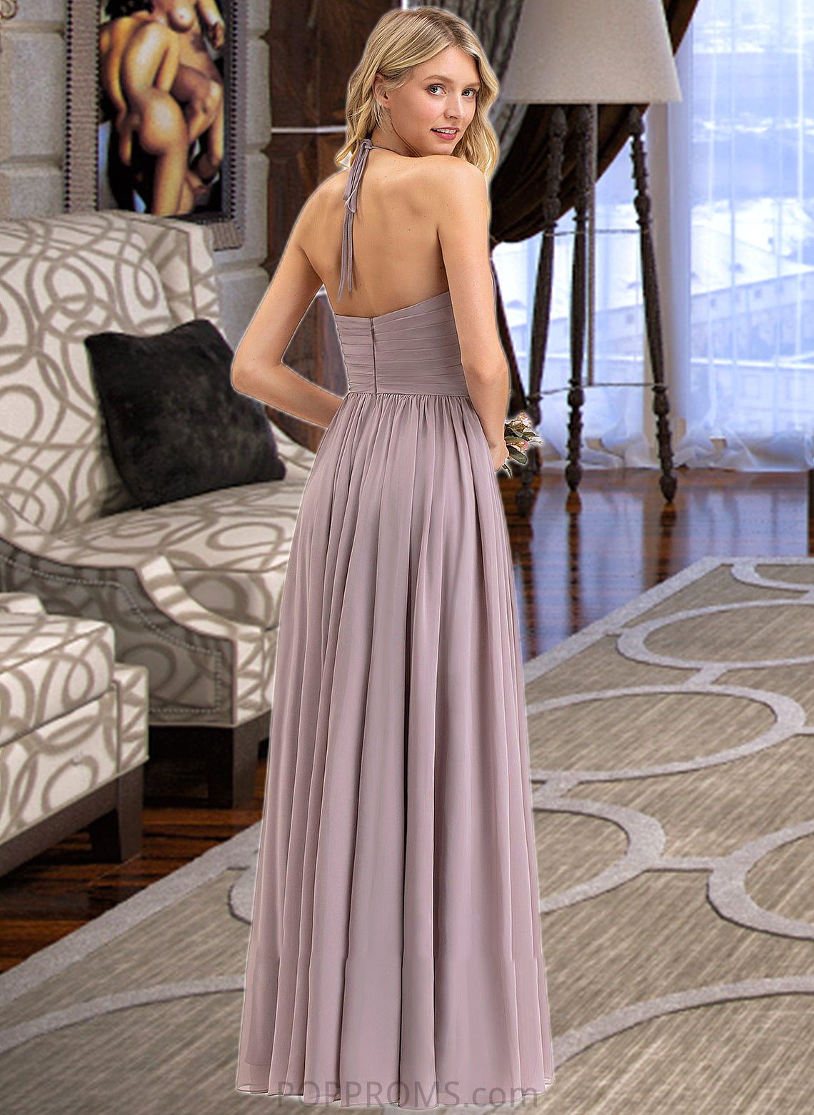 Wendy Empire Halter Floor-Length Chiffon Bridesmaid Dress With Ruffle Bow(s) PP6P0013258