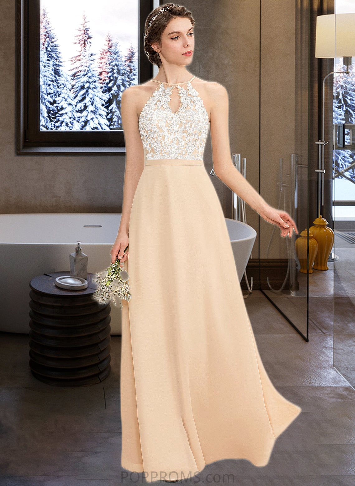 Matilda A-Line Scoop Neck Floor-Length Chiffon Lace Bridesmaid Dress With Bow(s) PP6P0013259