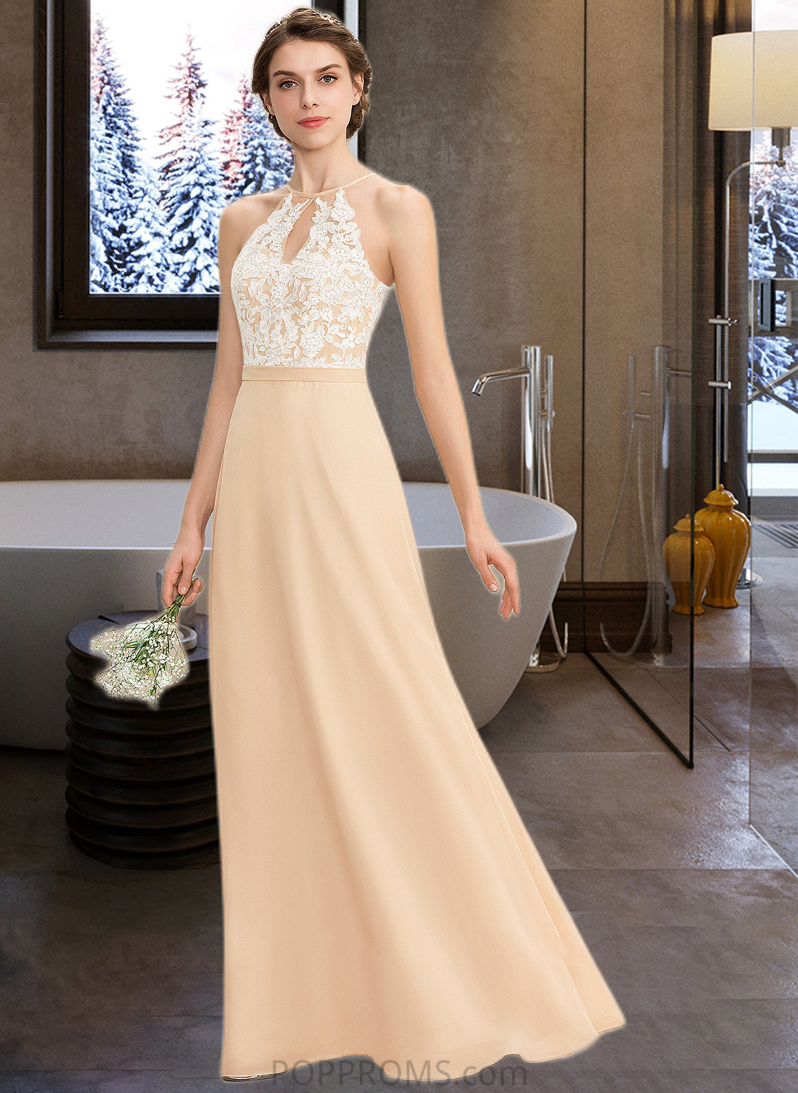 Matilda A-Line Scoop Neck Floor-Length Chiffon Lace Bridesmaid Dress With Bow(s) PP6P0013259