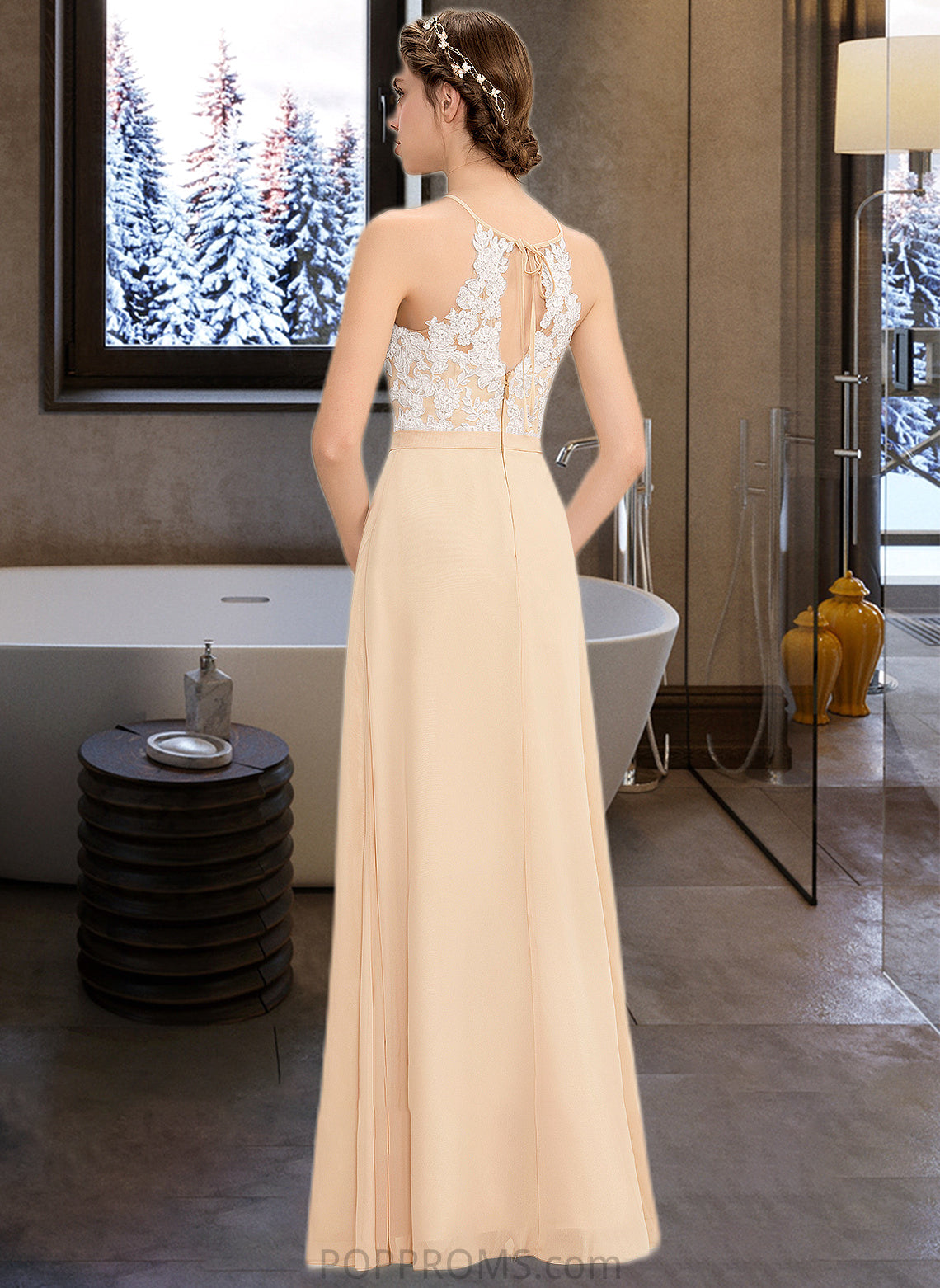 Matilda A-Line Scoop Neck Floor-Length Chiffon Lace Bridesmaid Dress With Bow(s) PP6P0013259