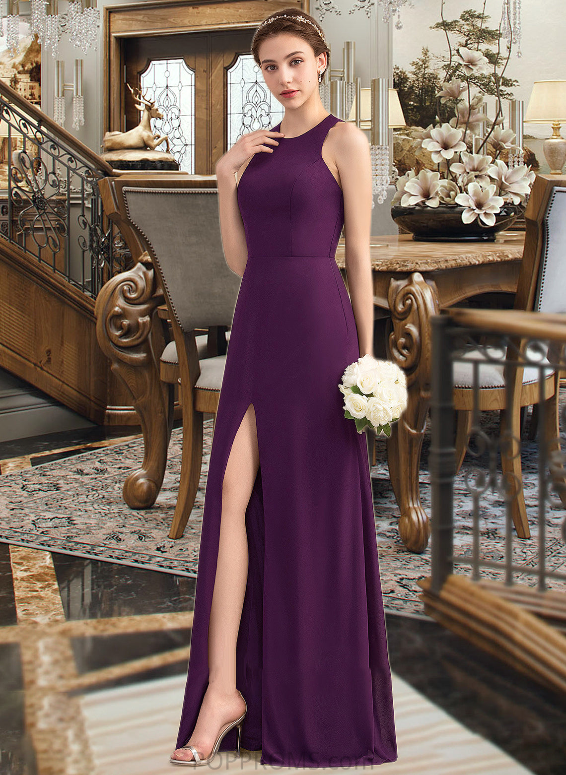 Gwen A-Line Scoop Neck Floor-Length Chiffon Bridesmaid Dress With Split Front PP6P0013260