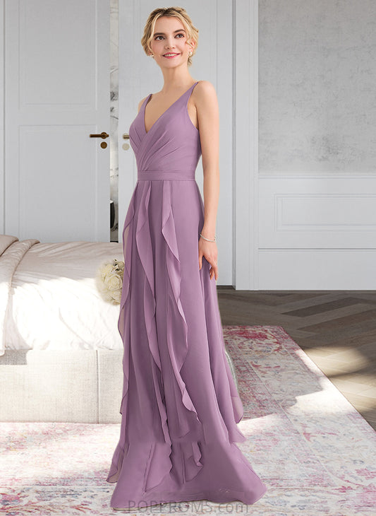 Carla A-Line V-neck Floor-Length Chiffon Bridesmaid Dress With Cascading Ruffles PP6P0013261