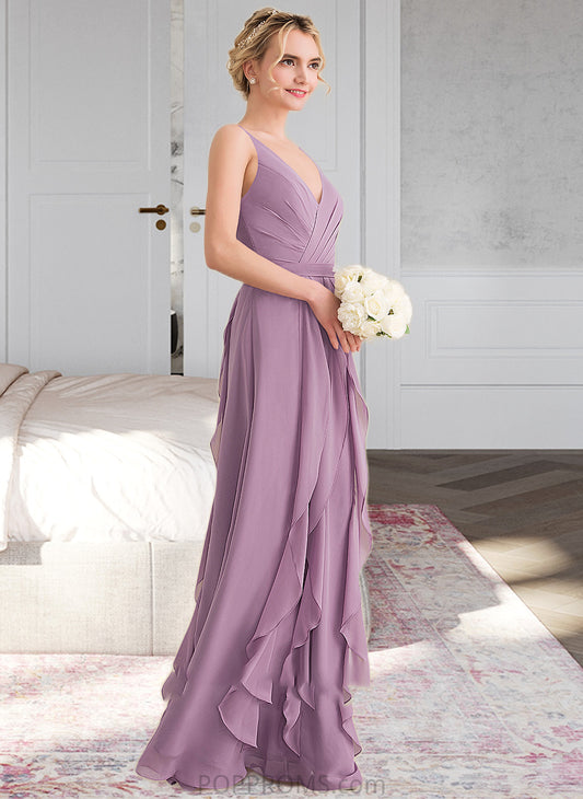 Carla A-Line V-neck Floor-Length Chiffon Bridesmaid Dress With Cascading Ruffles PP6P0013261