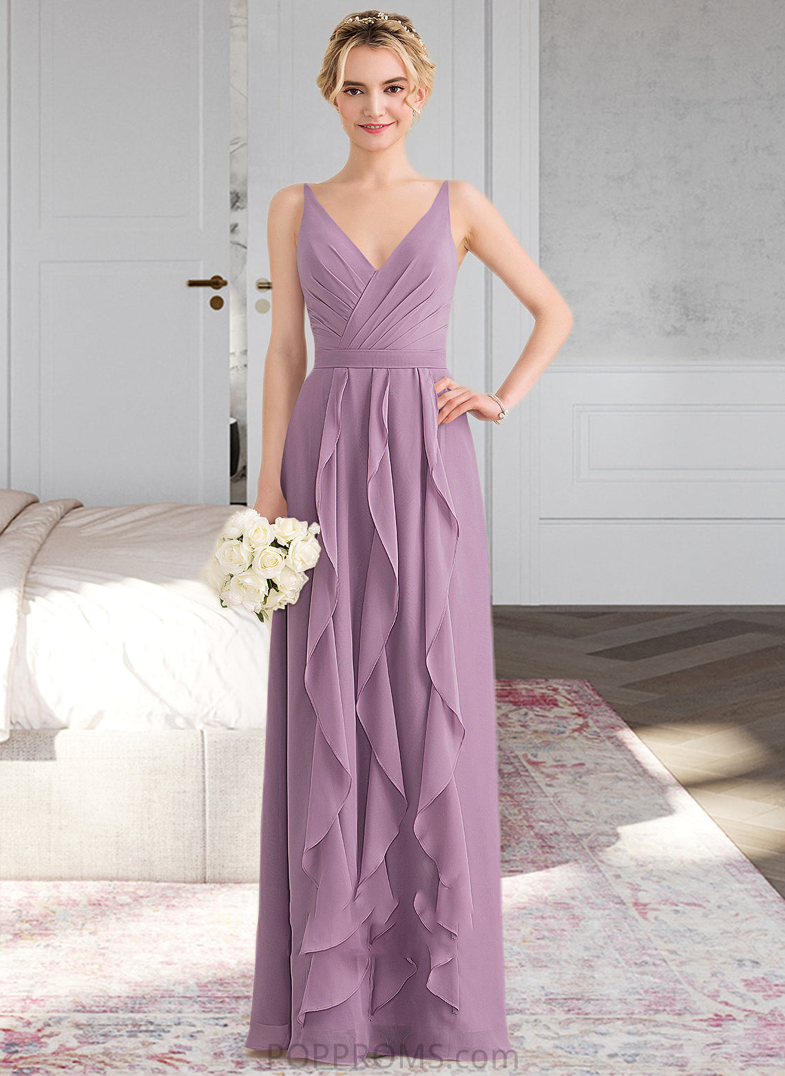 Carla A-Line V-neck Floor-Length Chiffon Bridesmaid Dress With Cascading Ruffles PP6P0013261