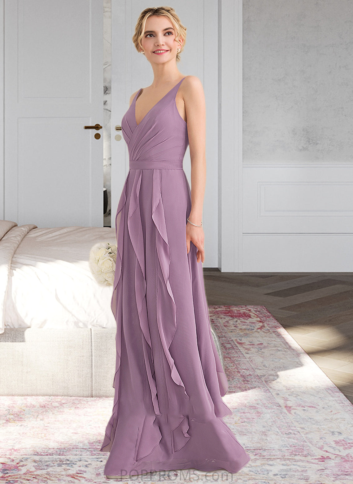 Carla A-Line V-neck Floor-Length Chiffon Bridesmaid Dress With Cascading Ruffles PP6P0013261