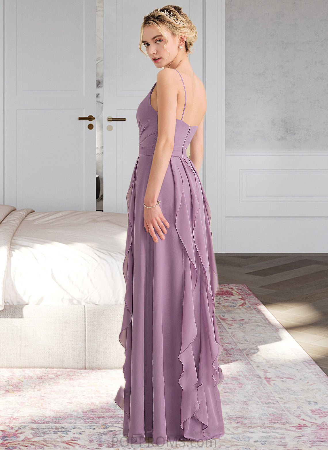 Carla A-Line V-neck Floor-Length Chiffon Bridesmaid Dress With Cascading Ruffles PP6P0013261