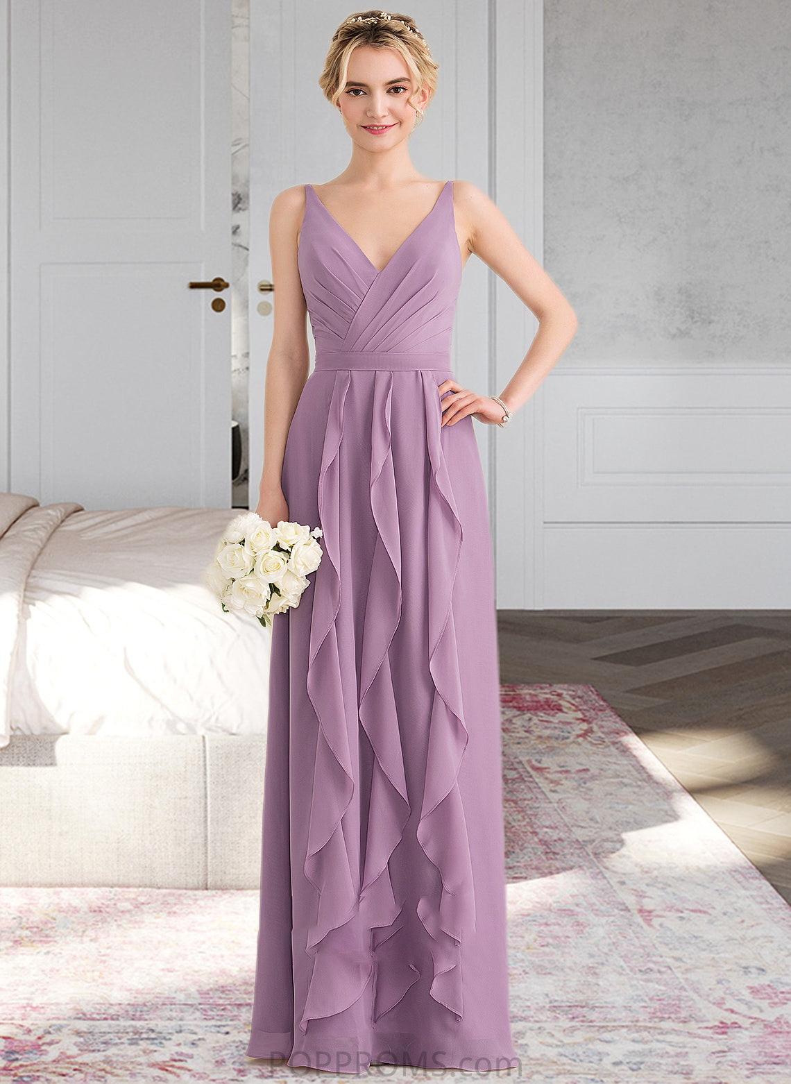 Carla A-Line V-neck Floor-Length Chiffon Bridesmaid Dress With Cascading Ruffles PP6P0013261