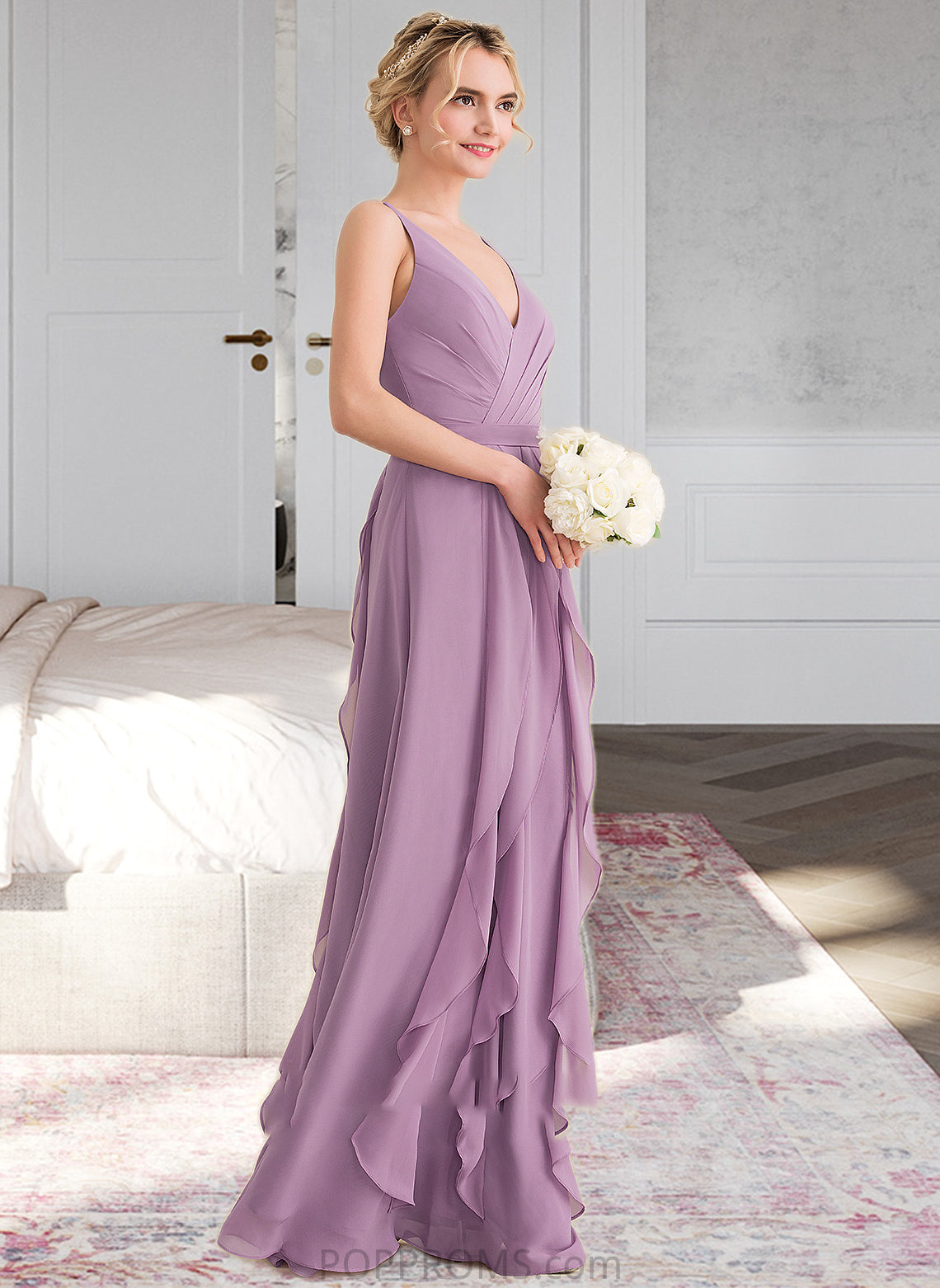 Carla A-Line V-neck Floor-Length Chiffon Bridesmaid Dress With Cascading Ruffles PP6P0013261