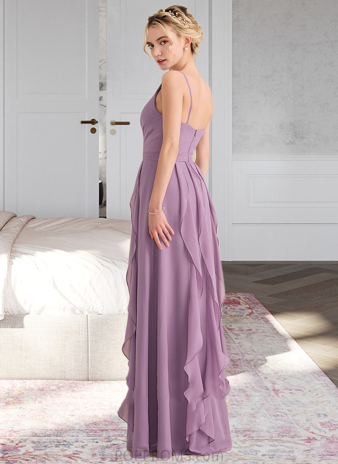 Carla A-Line V-neck Floor-Length Chiffon Bridesmaid Dress With Cascading Ruffles PP6P0013261