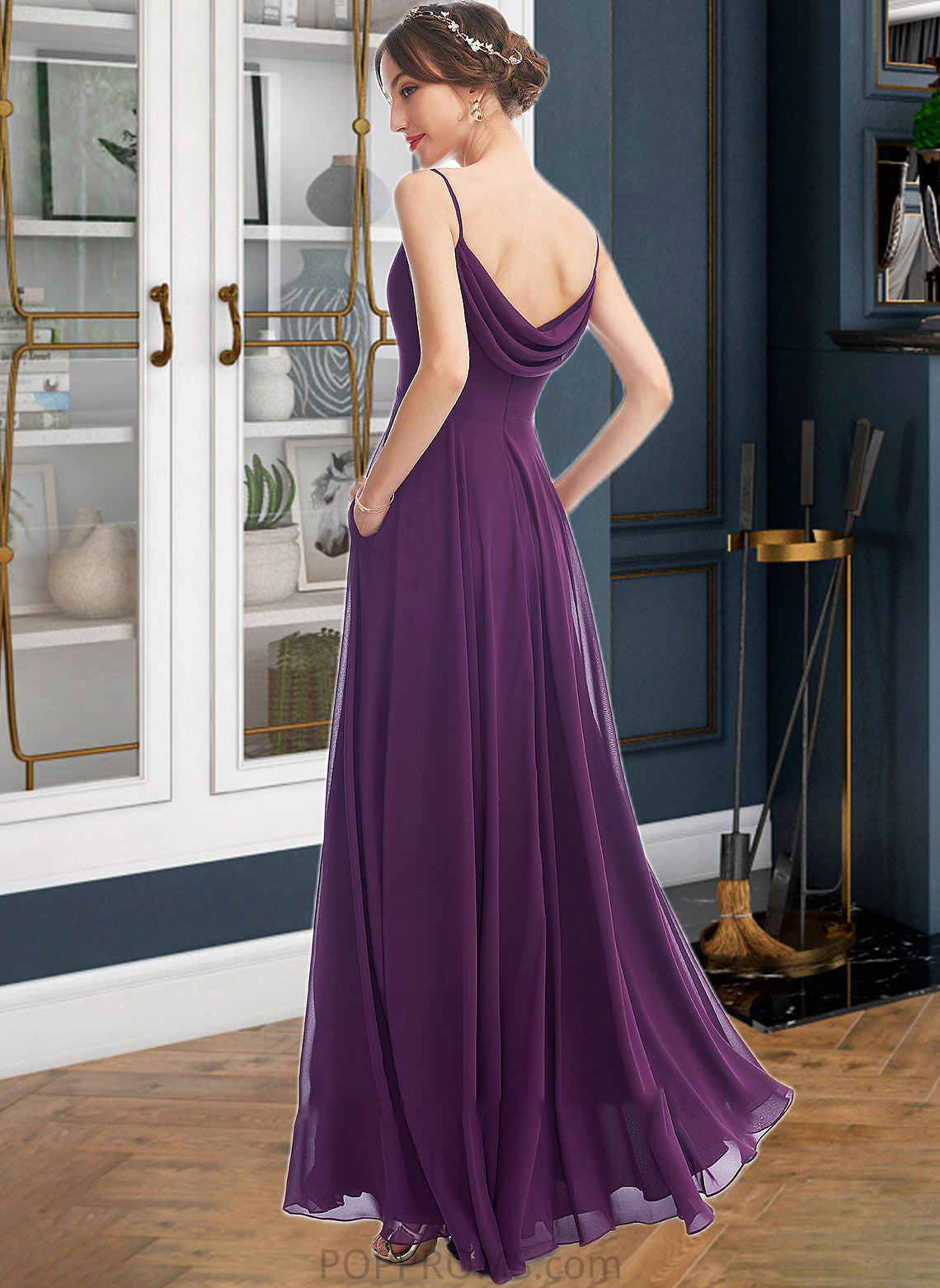 Kyra A-Line V-neck Floor-Length Bridesmaid Dress With Pockets PP6P0013263