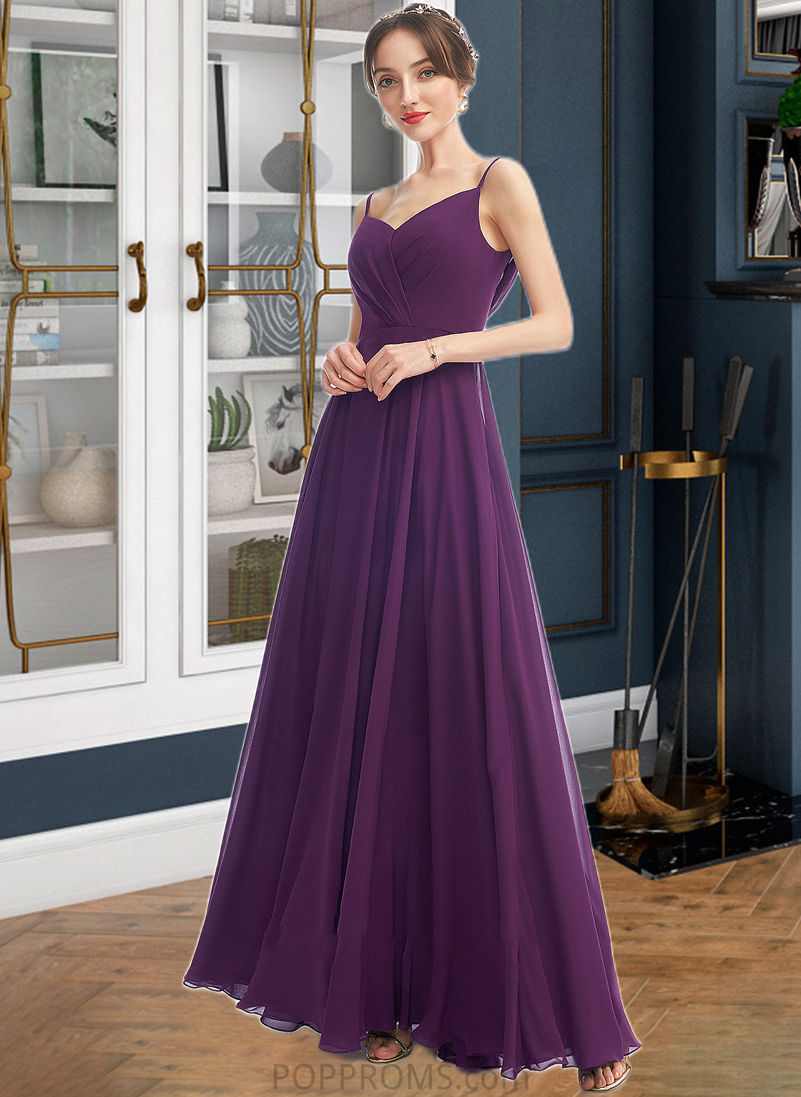 Kyra A-Line V-neck Floor-Length Bridesmaid Dress With Pockets PP6P0013263