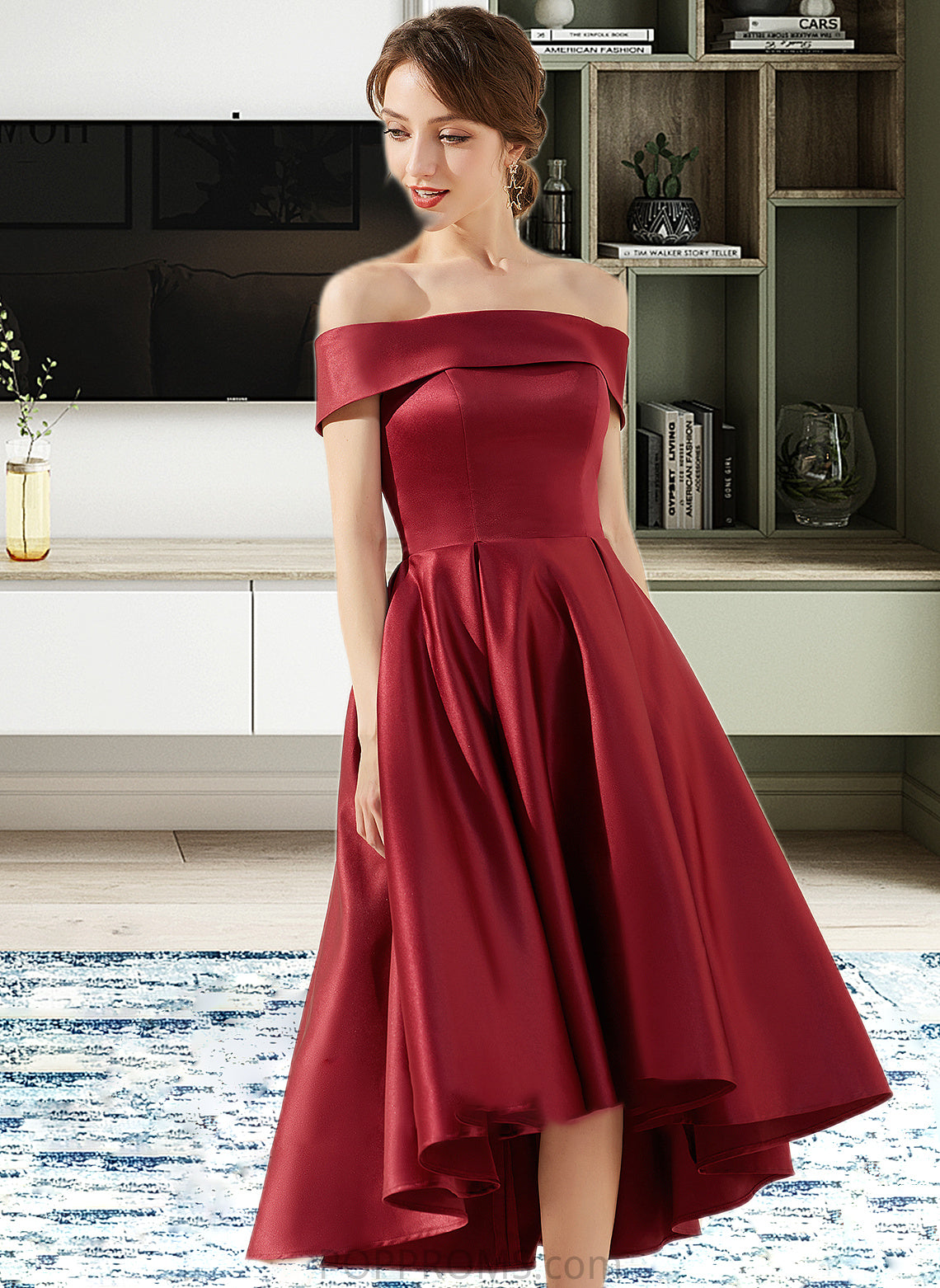 Lizeth A-Line Off-the-Shoulder Asymmetrical Satin Bridesmaid Dress With Pockets PP6P0013264