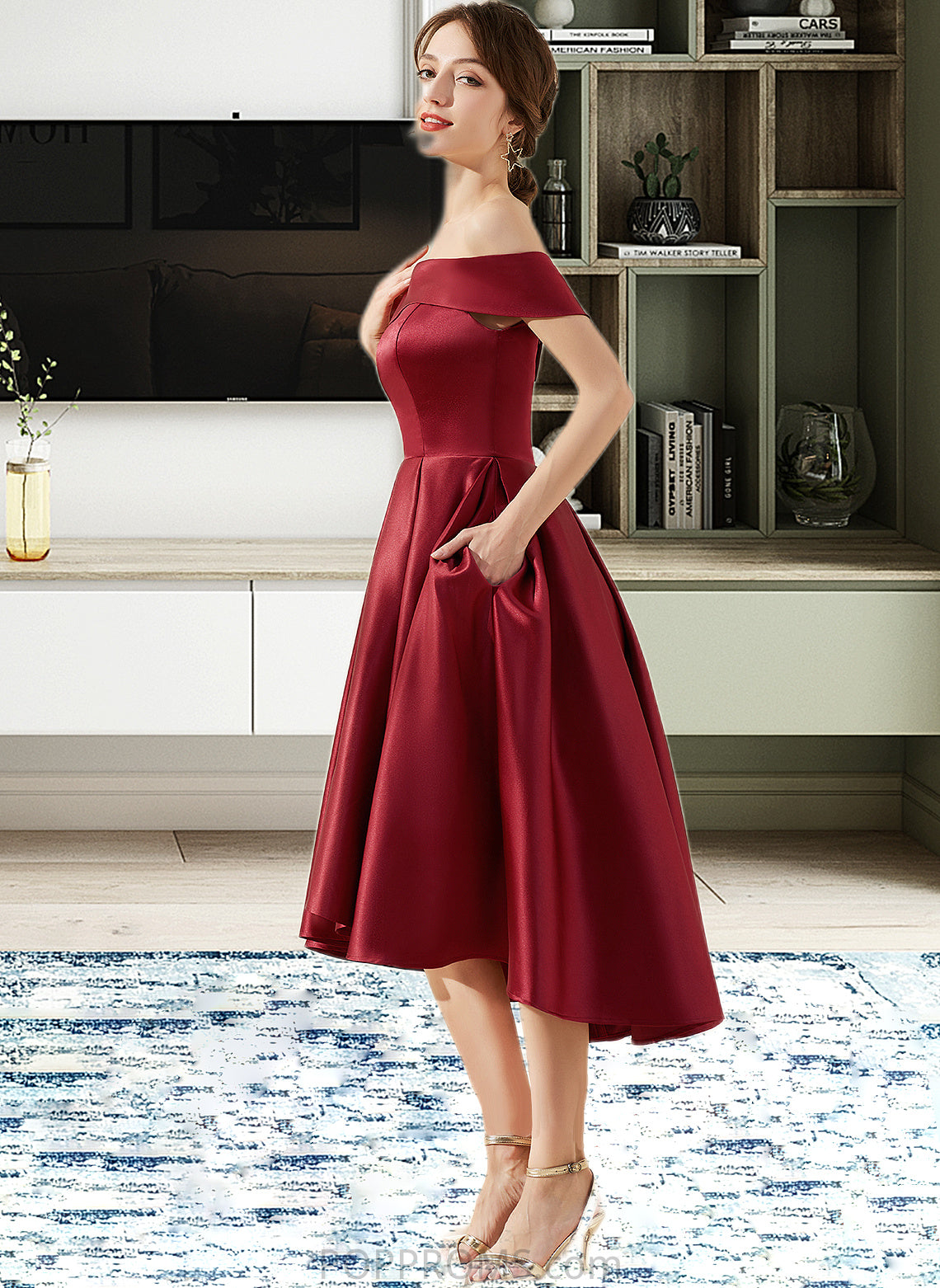 Lizeth A-Line Off-the-Shoulder Asymmetrical Satin Bridesmaid Dress With Pockets PP6P0013264