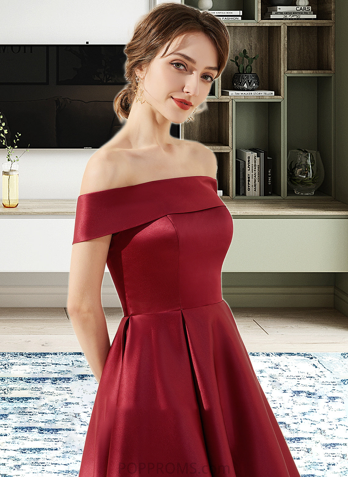 Lizeth A-Line Off-the-Shoulder Asymmetrical Satin Bridesmaid Dress With Pockets PP6P0013264