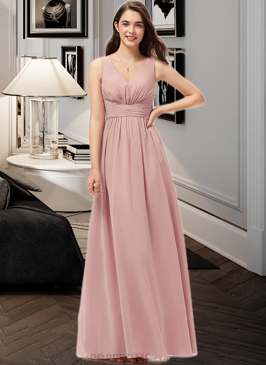 Val A-Line V-neck Floor-Length Chiffon Bridesmaid Dress With Ruffle PP6P0013266